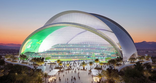 The Oakland Athletics and their design teams released renderings, March 5, 2024, of the club's planned $1.5 billion stadium in Las Vegas that show five overlapping layers with a similar look to the famous Sydney Opera House. (Negativ via AP)