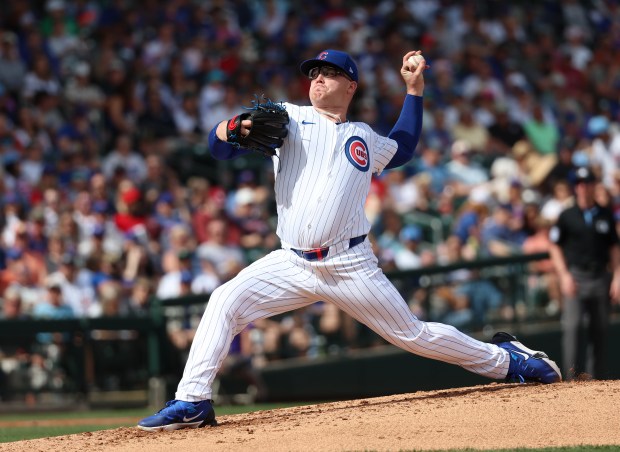 Cubs starter Jordan Wicks pitches against the White Sox on Feb. 23, 2024, in Mesa, Ariz. (Stacey Wescott/Chicago Tribune)