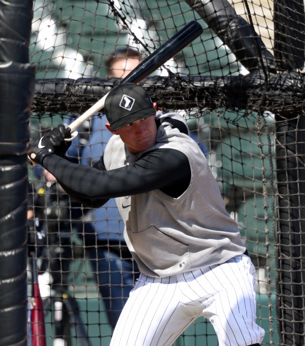 White Sox infielder Andrew Vaughn takes batting practice during a team workout at Guaranteed Rate Field Wednesday, March 27, 2024, in Chicago. (John J. Kim/Chicago Tribune)