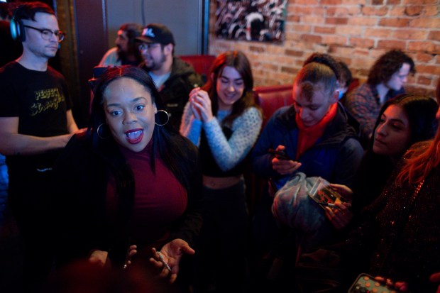 7th Congressional District candidate Kina Collins speaks to supporters during a campaign event on March 9, 2024, at the Cobra Lounge in Chicago. (Vincent Alban/Chicago Tribune)