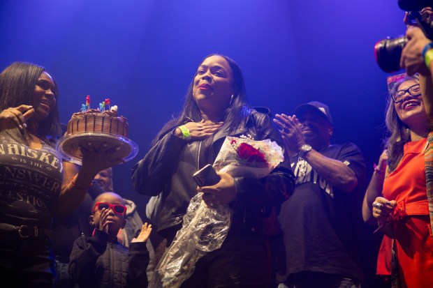 Kina Collins, 7th Congressional District candidate, celebrates her birthday at a benefit concert for her campaign headlined by The Strokes on, March 8, 2024, at the University of Illinois at Chicago. (Vincent Alban/Chicago Tribune)