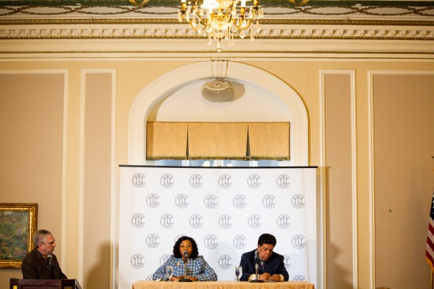 Supreme Court Justice Joy Cunningham speaks during an Illinois Supreme Court Justices Candidates Forum between Democratic party candidates Supreme Court Justice Joy Cunningham and Appellate Court Justice Jesse Reyes participated in the forum on Thursday, Jan. 25, 2024, at The Union League Club of Chicago. (Vincent Alban/Chicago Tribune)