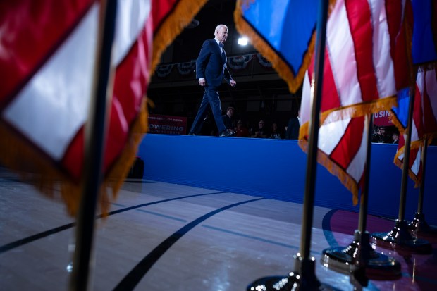 President Joe Biden leaves the stage during a campaign event in Las Vegas on March 19, 2024. The president visited the swing states of Nevada and Arizona on Tuesday, championing his economic policies and attacking Republicans on abortion and immigration. (Tom Brenner/The New York Times)