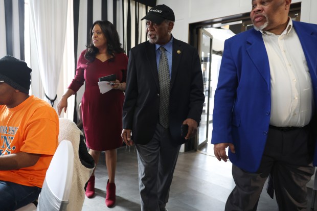 U.S. Rep. Danny Davis, center, arrives at Josephine's Southern Kitchen, 436 E. 79th St., for a reelection endorsement gathering with faith leaders and entertainers, Feb. 10, 2024, in Chicago. (John J. Kim/Chicago Tribune)