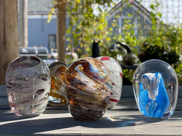 Some of the hand-blown, glass eggs Stirling Webb will hide around Wallowa County this Easter Sunday. (Photo by Lori Rackl)