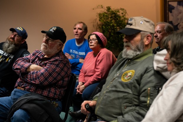 The crowd listens to Illinois 12th congressional district candidate Darren Bailey at a Second Amendment town hall event in Marion on Jan. 24, 2024. (E. Jason Wambsgans/Chicago Tribune)