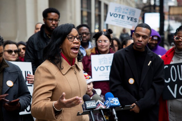 Melissa Conyears-Ervin, the Chicago City Treasurer and supporter of the Bring Chicago Home referendum, speaks during a press conference on March 1, 2024, outside the Appellate Court in Chicago. (Vincent Alban/Chicago Tribune)