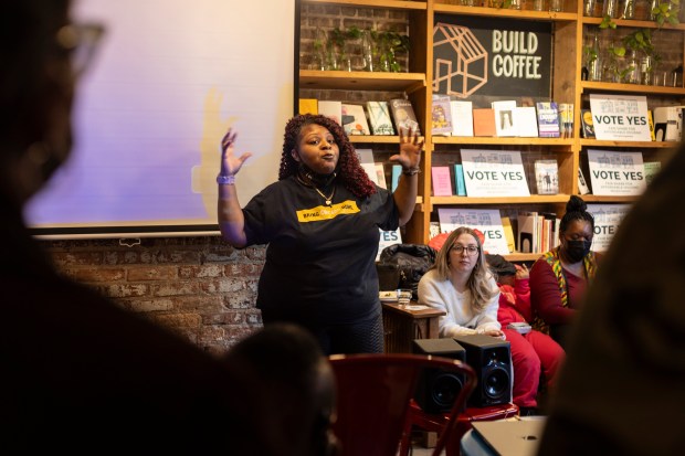 Marketta Sims of the Chicago Coalition for the Homeless speaks to supporters of the Bring Chicago Home initiative at Build Coffee in Chicago, on Sunday, Feb. 25, 2024. (Vincent D. Johnson / for the Chicago Tribune)