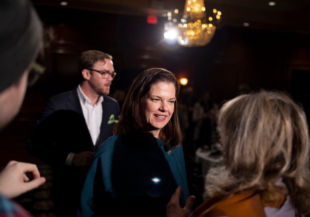 Cook County State's Attorney candidate Eileen O'Neill Burke greets people during an appearance on Monday, March 11, 2024, at the City Club. (Brian Cassella/Chicago Tribune)