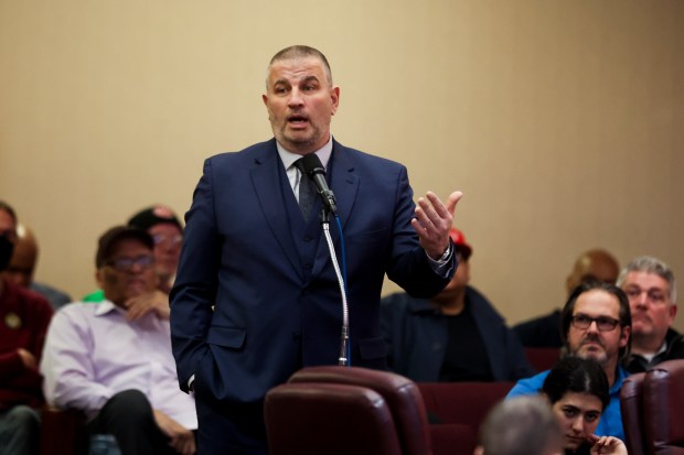 John Catanzara, president of the Chicago Fraternal Order of Police, speaks during public comment at a Chicago City Council meeting at City Hall on Feb. 15, 2024. (Eileen T. Meslar/Chicago Tribune)