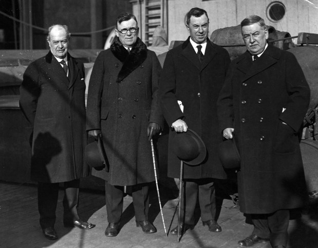 Former Illinois Gov. Edward F. Dunne, from left, Frank P. Walsh, Judge Daniel F. Cohalan and Michael J. Ryan, are representatives of Friends of Irish Freedom as they set sail for the Paris Peace Conference. (Paul Thompson)