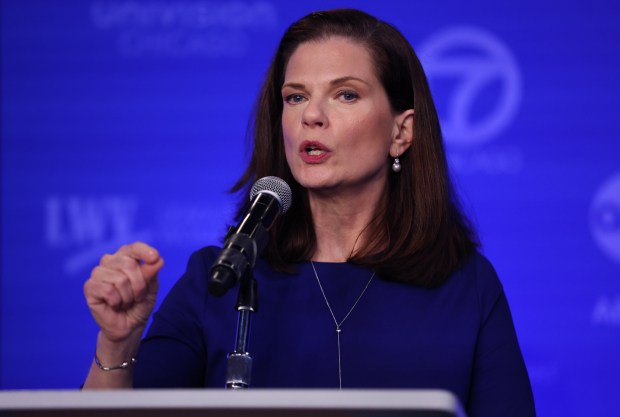 Democratic candidate Eileen O'Neill Burke answers questions from the media after her debate with Clayton Harris III at ABC7 Chicago on Feb. 8, 2024. (Chris Sweda/Chicago Tribune)