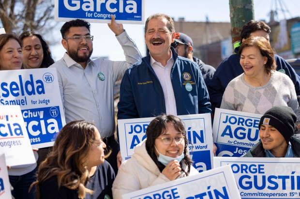 U.S. Rep. Jesús "Chuy" García, 4th, rallies with campaign volunteers and other elected officials before a canvassing, March 10, 2024, in Brighton Park. (Brian Cassella/Chicago Tribune)