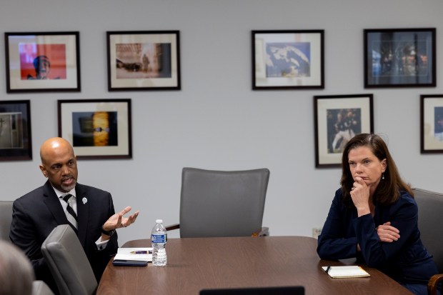 Democratic candidates for Cook County state's attorney Clayton Harris III, left, and Eileen O'Neill Burke appear at an interview with the Chicago Tribune Editorial Board on Feb. 14, 2024, at the Chicago Tribune Freedom Center. (Vincent Alban/Chicago Tribune)