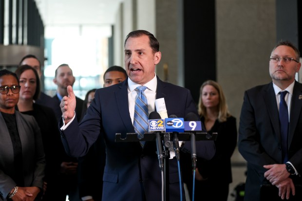 John Lausch, United States Attorney for the Northern District of Illinois, gives a statement following R. Kelly's sentencing hearing at the Dirksen U.S. Courthouse on Feb. 23, 2023, in Chicago.