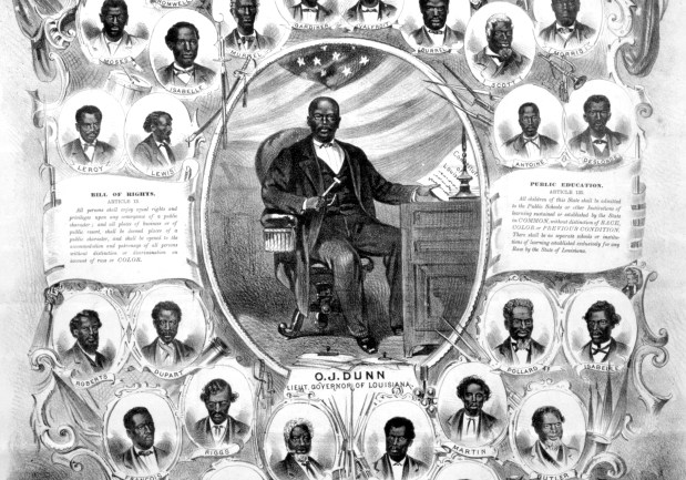 An extract from the reconstructed Constitution of the state of Louisiana shows portraits of the distinguished members of the Convention and Assembly, circa 1868. In the center is Oscar J. Dunn, Lieut. Governor of Louisiana, seated at desk. (Library of Congress)