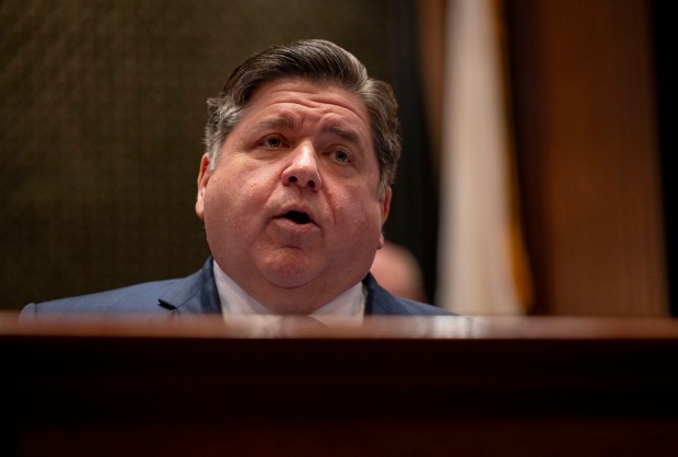 Gov. J.B. Pritzker delivers his State of the State and budget address before the General Assembly at the Illinois Capitol on Feb. 21, 2024. (Brian Cassella/Chicago Tribune)