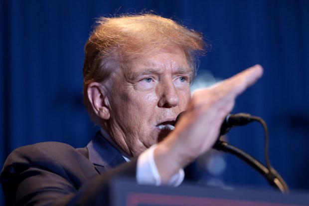 Republican presidential candidate and former President Donald Trump speaks during an election night watch party at the State Fairgrounds on Feb. 24, 2024, in Columbia, South Carolina. (Win McNamee/Getty)