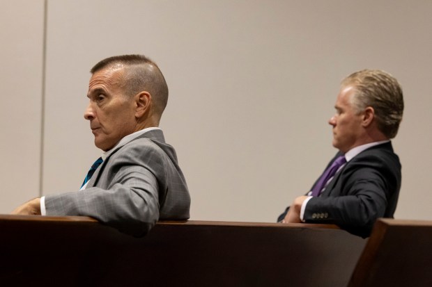 Former Cook County assistant state's attorneys Nicholas Trutenko, left, and Andrew Horvat listen during an evidentiary hearing on the fourth day of their trial on misconduct charges related to the Jackie Wilson prosecution on Nov. 7, 2023, at the courthouse in Rolling Meadows. (Brian Cassella/Chicago Tribune/pool)