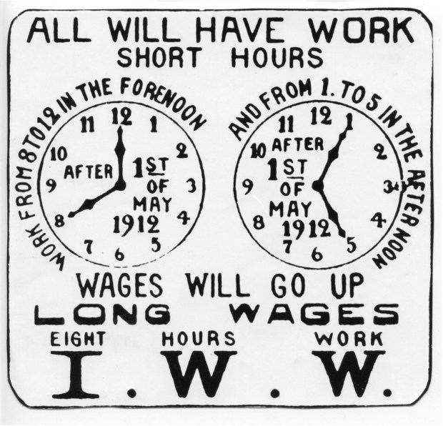 A poster promotes the IWW campaign for the eight hour work day 1912. (Wikimedia Commons)