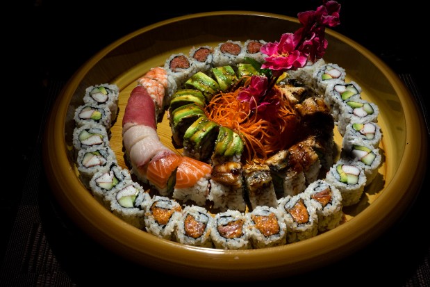 The Master Maki platter, 48 rolls of California, Spicy Yellowtail, Spicy Salmon, Dragon, Rainbow and Caterpillar for $55, at 312 Fish Market on March 1, 2024. (E. Jason Wambsgans/Chicago Tribune)