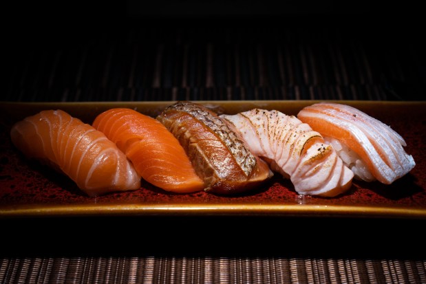 The salmon flight at 312 Fish Market. (E. Jason Wambsgans/Chicago Tribune)