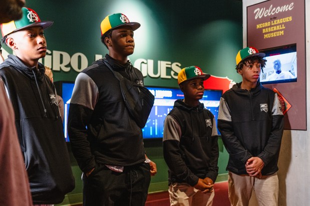 ACE 13/14U players (L-R) Jordan Terrell, Brock Hamilton, Matthew Nabieu and Colten Jones at the Negro Leagues Baseball Museum on April 6, 2024. (Amy Kontras/Chicago White Sox)