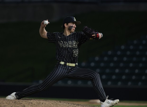 Streamwood pitcher Charlie Cole (23) throws during a game at Wintrust Field in Schaumburg on Tuesday, April 9, 2024. (Trent Sprague/Chicago Tribune)