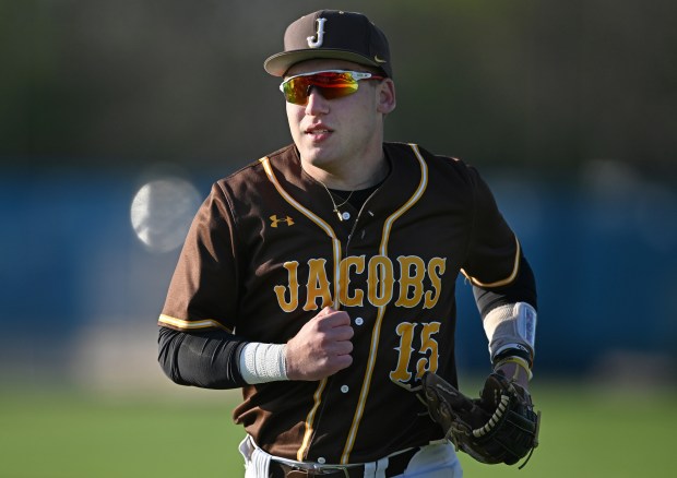 Jacobs' Paulie Rudolph (15) during the 5th inning of Friday's game at Dundee-Crown, April 19, 2024. Jacobs won the game, 10-5. (Brian O'Mahoney for the The Courier-News)