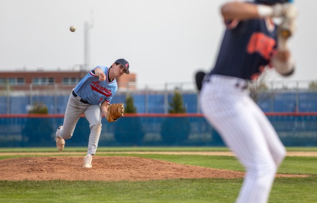 West Aurora's Jake Niedzwiedz (7) pitches to the Oswego Panthers during a game at Oswego High School in Oswego on Monday, April 22, 2024. (Nate Swanson/for the Beacon-News)