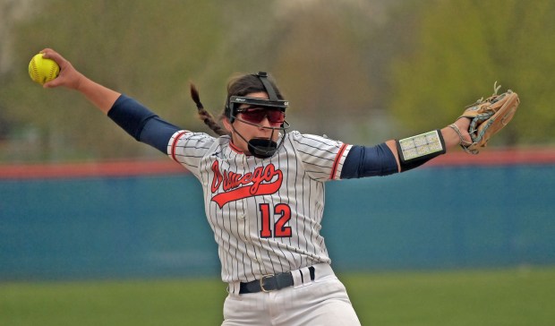 Oswego's Aubriella Garza delivers a pitch to home. Oswego defeated Oswego East in softball, 9-8, Thursday, April 18, 2024, in Oswego, Illinois. (Jon Langham/for the Beacon-News)