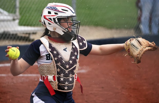 Bartlett's Olivia Ligouri (1) throws back to pitcher Christina Stankus (8) after a strike in the second inning during an Upstate Eight Conference game in Bartlett on Tuesday, April 16, 2024. Bartlett won, 15-0 in three innings.H. Rick Bamman / For the Beacon-News