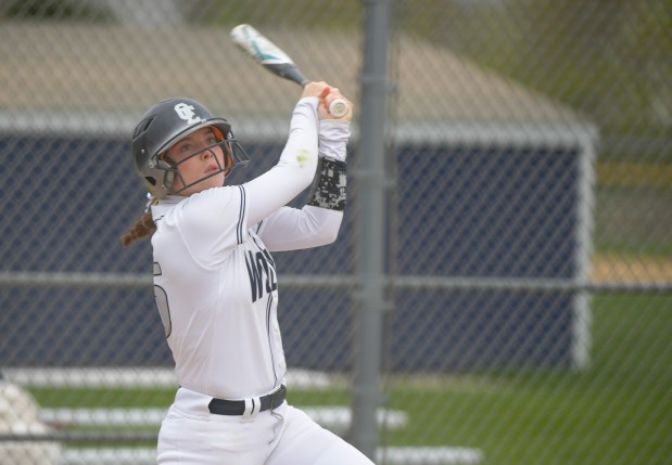 Oswego East's Finley Anderson (15) bats against Yorkville at home in Oswego on Wednesday, April 17, 2024. (Mark Black / for the Beacon-News)