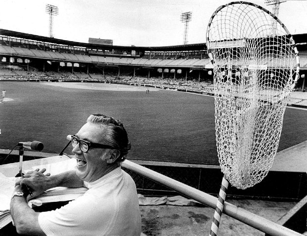 Always enjoying the spotlight, Harry Caray broadcast a White Sox game from Comiskey Park's center-field bleachers as early as 1971. (Ed Wagner/Tribune photo)