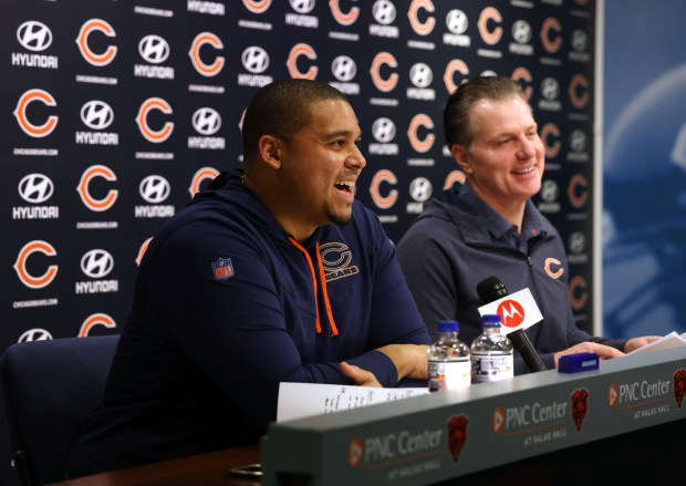 Bears general manager Ryan Poles, left, and coach Matt Eberflus speak to the media at Halas Hall on Jan. 10, 2023. (Stacey Wescott/Chicago Tribune)