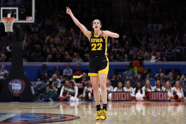 Iowa's Caitlin Clark reacts in the second half against South Carolina in the national championship game on April 7, 2024, in Cleveland. (Photo by Steph Chambers/Getty Images)