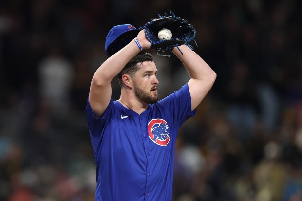 Cubs reliever Luke Little reacts to allowing a two- run home run to the Padres' Xander Bogaerts during the sixth inning at Petco Park on April 8, 2024. (Photo by Sean M. Haffey/Getty Images)