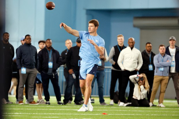 Quarterback Drake Maye at North Carolina pro day in Chapel Hill, N.C., on March 28, 2024. (AP Photo/Karl B DeBlaker)