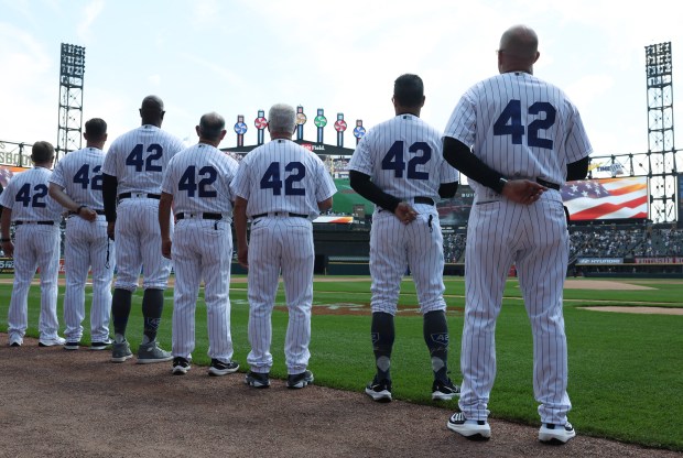 Chicago White Sox wear No. 42 jerseys in honor of Jackie Robinson at Guaranteed Rate Field on April 15, 2023. (John J. Kim/Chicago Tribune)