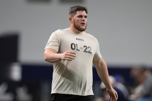 West Virginia offensive lineman Zach Frazier during Big 12 pro day on March 30, 2024, in Frisco, Texas. (AP Photo/LM Otero)