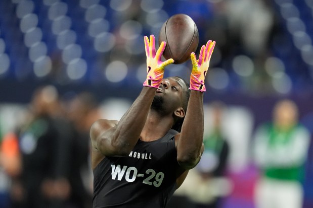 LSU wide receiver Brian Thomas runs a drill at the NFL combine on March 2, 2024, in Indianapolis. (AP Photo/Michael Conroy)
