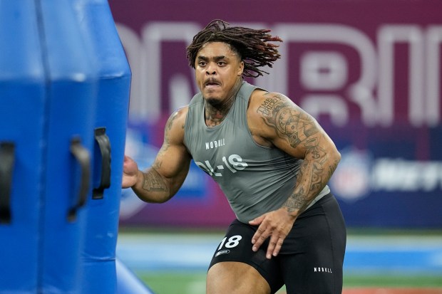 Byron Murphy runs a drill at the NFL scouting combine on Feb. 29, 2024, in Indianapolis. (AP Photo/Darron Cummings)