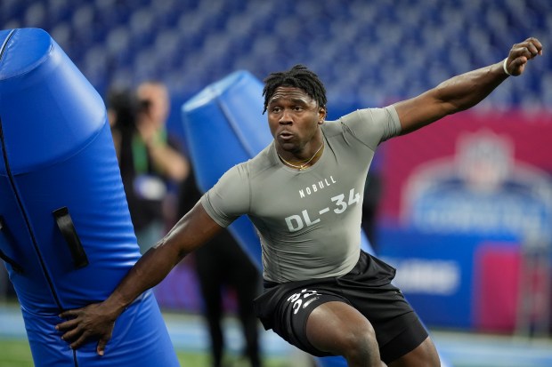 Houston Christian defensive lineman Jalyx Hunt runs a drill at the NFL scouting combine on Feb. 29, 2024, in Indianapolis. (AP Photo/Michael Conroy)