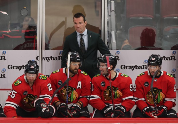 Blackhawks head coach Luke Richardson waits for the second period to start against the Avalanche at the United Center on Feb. 29, 2024, in Chicago. (John J. Kim/Chicago Tribune)