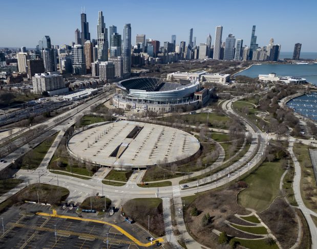 A parking lot and Waldron Deck south of Soldier Field on the lakefront, March 11, 2024, where the Bears have proposed building a new domed stadium. (Brian Cassella/Chicago Tribune)