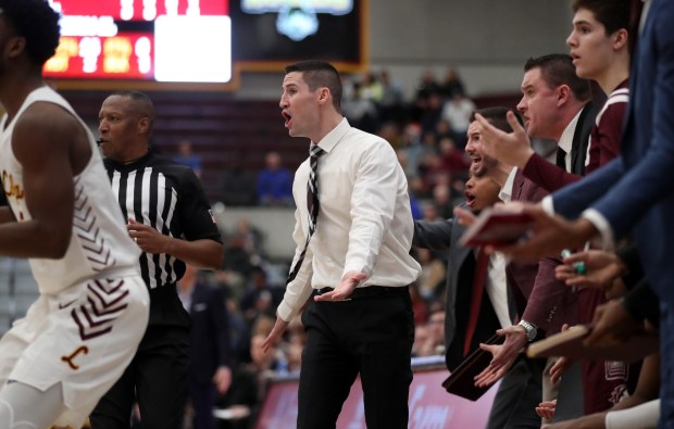 Southern Illinois head coach Bryan Mullins argues a non-call with a referee in the first half of a game against Loyola at Gentile Arena in Chicago on Thursday, January 16, 2020. (Chris Sweda/Chicago Tribune)