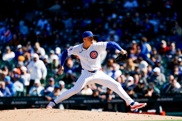 Cubs reliever Keegan Thompson delivers against the Marlins on April 19, 2024, at Wrigley Field. (Vincent Alban/Chicago Tribune)