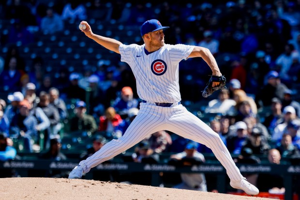 Cubs starting pitcher Jameson Taillon delivers against the Marlins on April 19, 2024, at Wrigley Field. (Vincent Alban/Chicago Tribune)