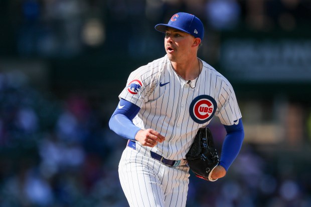 Chicago Cubs pitcher Keegan Thompson (71) reacts after striking out Miami Marlins outfielder Jazz Chisholm Jr. (2) to end the top of the ninth inning at Wrigley Field on April 21, 2024. (Eileen T. Meslar/Chicago Tribune)