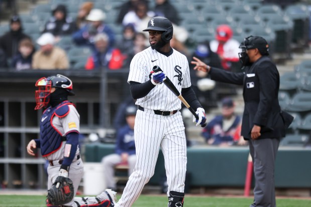 Chicago White Sox center fielder Luis Robert Jr. (88) strikes out during the first inning of the game against the Atlanta Braves at Guaranteed Rate Field in Chicago on April 1, 2024. (Eileen T. Meslar/Chicago Tribune)